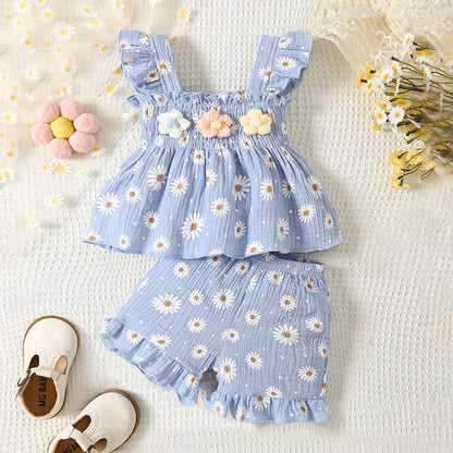 Adorable Baby Girl Summer Outfit Set with 3D Floral Ruffle Top and Shorts