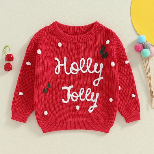 Adorable Knitted Christmas Sweaters for Newborns and Toddlers - Embroidered Letter Design, Cozy O-neck Pullover for Boys and Girls