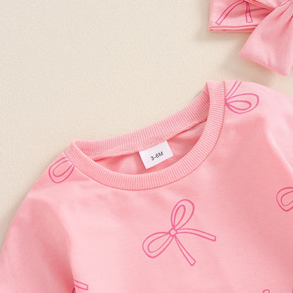 Adorable Infant Baby Girls Full Sleeve Bow Print Romper with Headband for Spring and Autumn