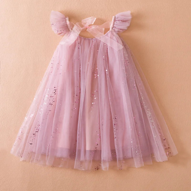 Summer Tulle Sequin Ruffled Dress for Girls - Elegant Birthday Princess Casual Party Dress