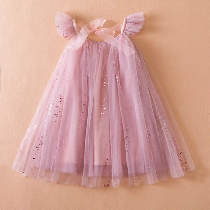Summer Tulle Sequin Ruffled Dress for Girls - Elegant Birthday Princess Casual Party Dress