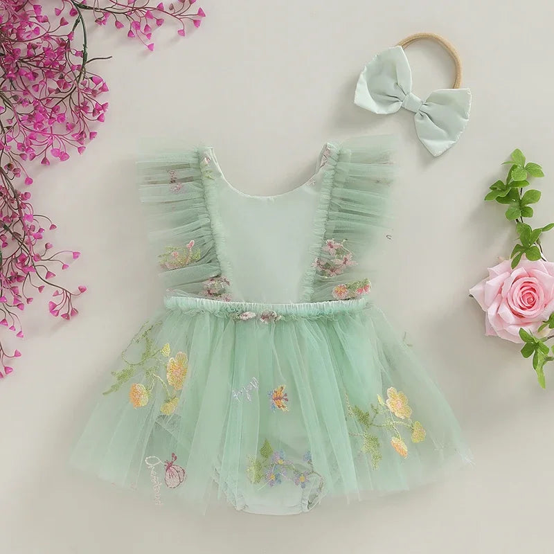 Adorable Baby Girl 2-Piece Floral Embroidery Tulle Romper Dress with Ruffle Sleeves and Headband Set