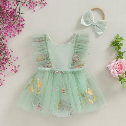 Adorable Baby Girl 2-Piece Floral Embroidery Tulle Romper Dress with Ruffle Sleeves and Headband Set