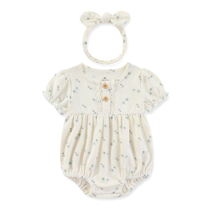 Summer Cotton Bodysuit & Headband Set for Newborn Baby Girls - 0-24 Months Solid Color Jumpsuit