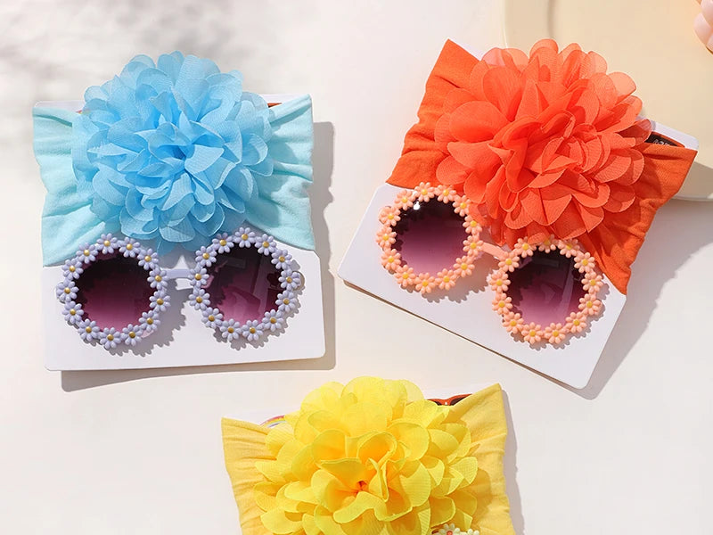 Adorable Handmade Flower Headband and Daisy Round Glasses Gift Set for Baby Girls and Toddlers