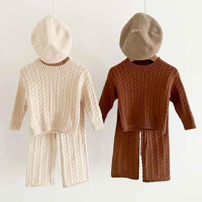 Unisex Cotton Knit Set for Kids - Solid Color Sweater and Pants Outfit for Spring and Autumn