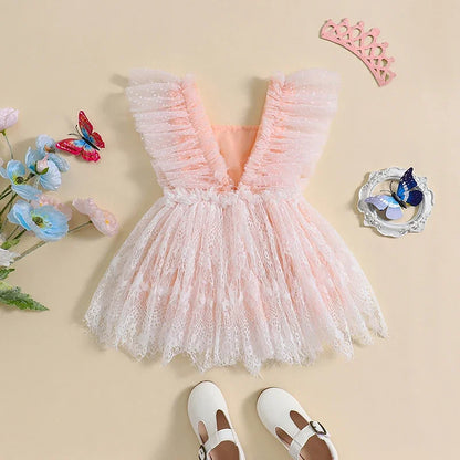 Adorable Baby Girl Summer Romper with Butterfly Embellishments and Swiss Dot Lace for Newborns
