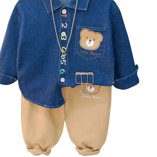 Adorable 2023 Boys' Cartoon Bear Denim Shirt and Pants Set for Spring and Autumn Fashion