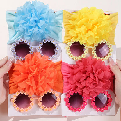Adorable Handmade Flower Headband and Daisy Round Glasses Gift Set for Baby Girls and Toddlers