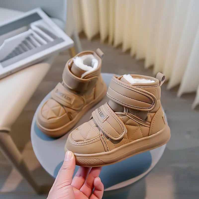 2024 Stylish Plush Leather Winter Boots for Kids - Warm Snow Shoes with Drawstring and Soft Soles for Boys and Girls