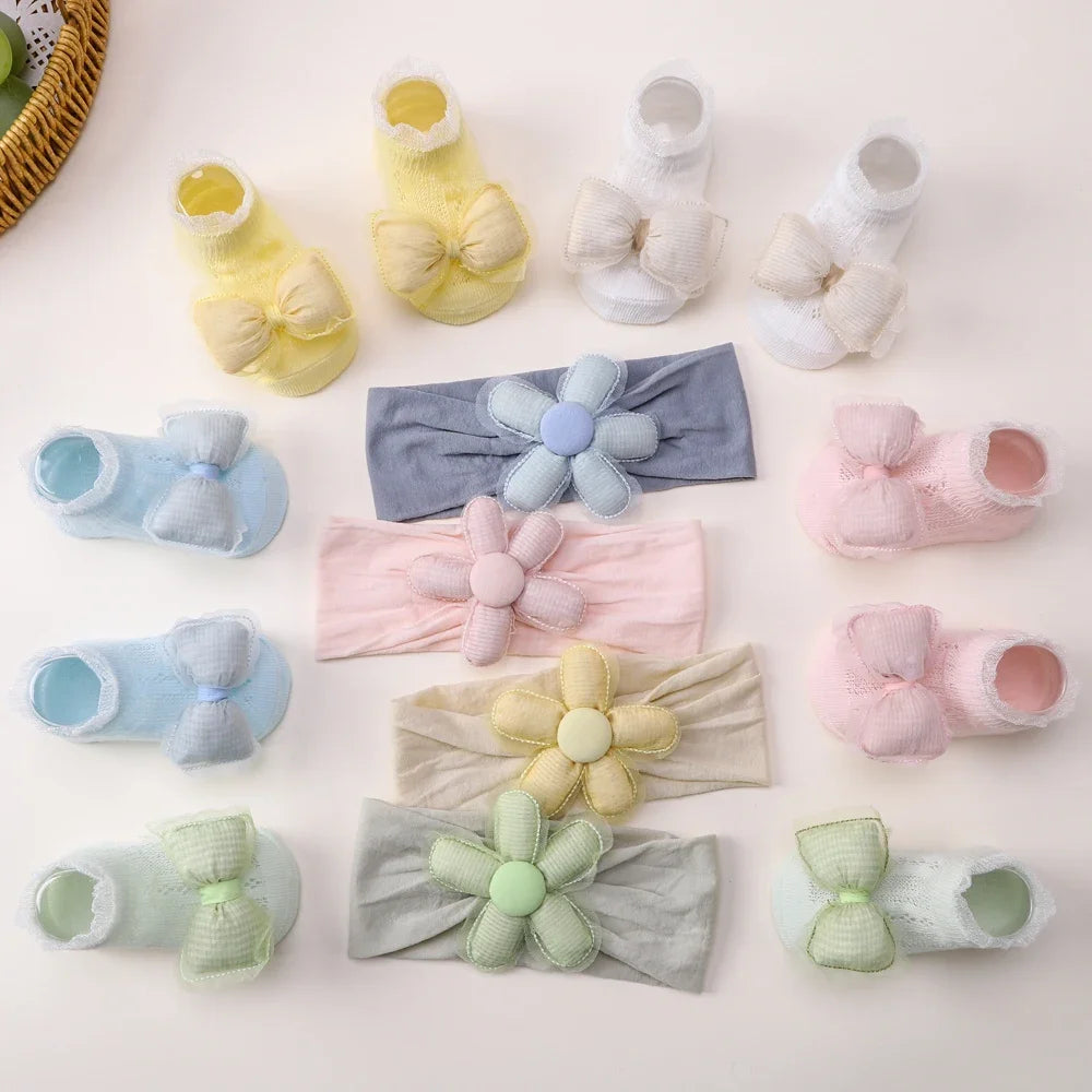 Adorable Baby Socks and Flower Headband Set - 2pcs Candy Color Bow Accessories for Newborns