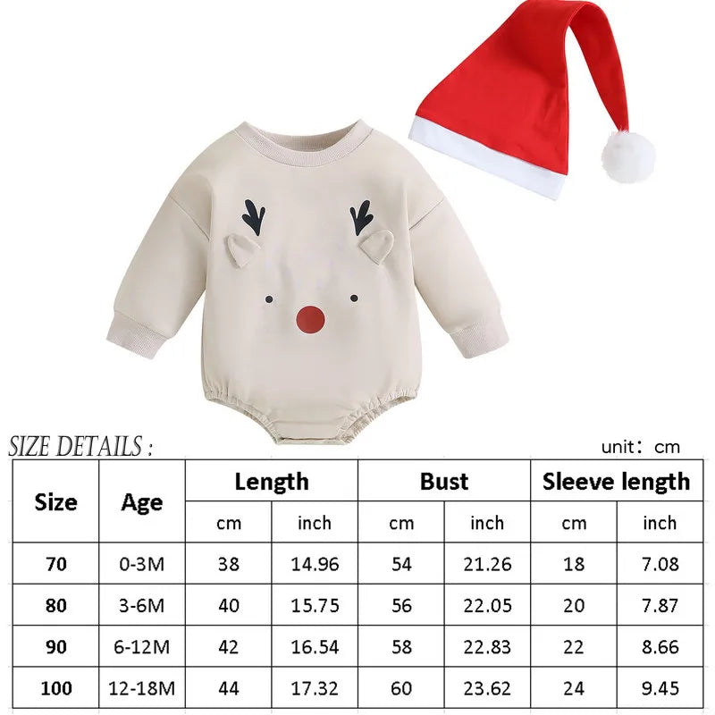 Adorable Christmas Infant Bodysuit Set for Boys and Girls - Long Sleeve Elk Print Jumpsuit with Matching Hat - 2-Piece Autumn Outfit
