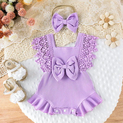 Toddler Girls Summer Lace Crochet Romper Set with Bow Headband - Cute Infant Outfit