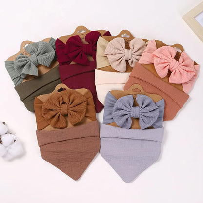 Toddler Ruffled Edge Turban Set with Big Bow - 2Pcs Solid Color Headbands for Newborns and Toddlers
