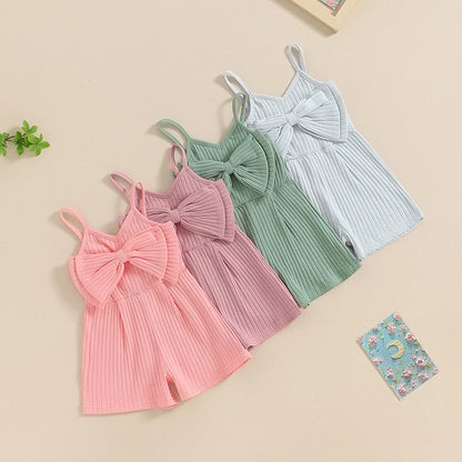 Adorable Summer Sleeveless Ribbed Romper with Big Bow for Baby Girls