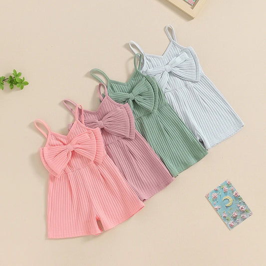 Adorable Summer Sleeveless Ribbed Romper with Big Bow for Baby Girls