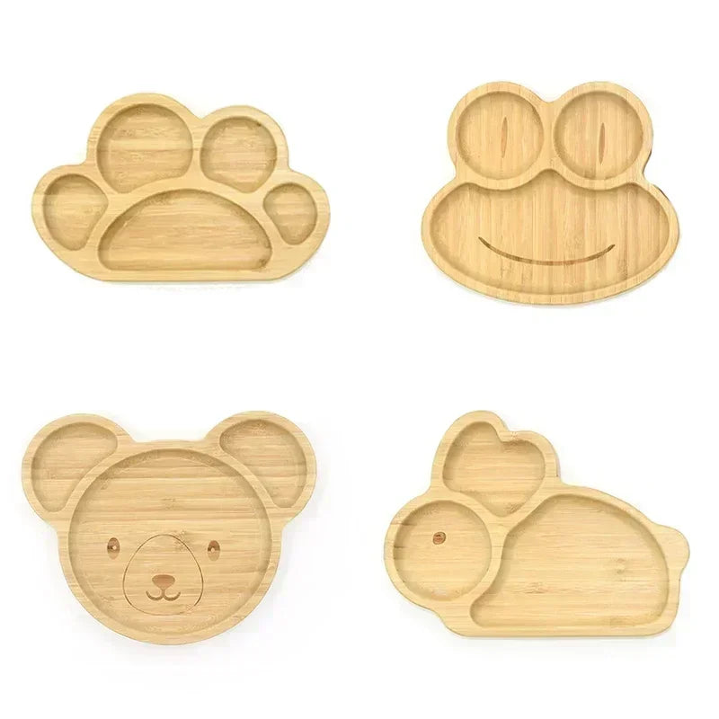 Adorable Wooden Baby Feeding Plate with Silicone Suction Cup - Fun Cartoon Frog Design for Easy Mealtime