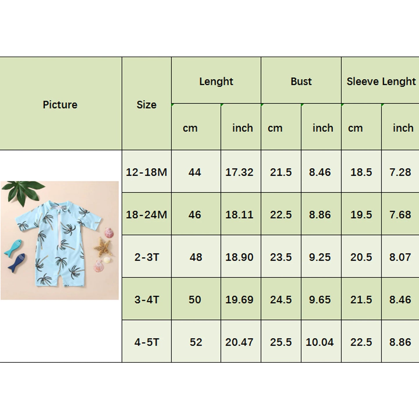 Toddler Unisex Blue Tropical Tree Print Short Sleeve Zipper Swimwear for Ages 1-5