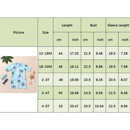Toddler Unisex Blue Tropical Tree Print Short Sleeve Zipper Swimwear for Ages 1-5