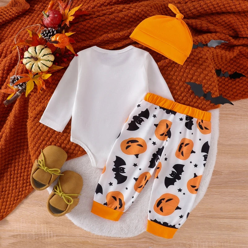 Adorable Baby Halloween Outfit Set with Pumpkin Pants, Hat, and Letter Print Long Sleeve Romper for Newborns