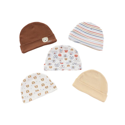 Unisex Cotton 3/5-Pack Infant Hats for Newborns - Fitted Animal Designs in Solid Colors for Boys and Girls