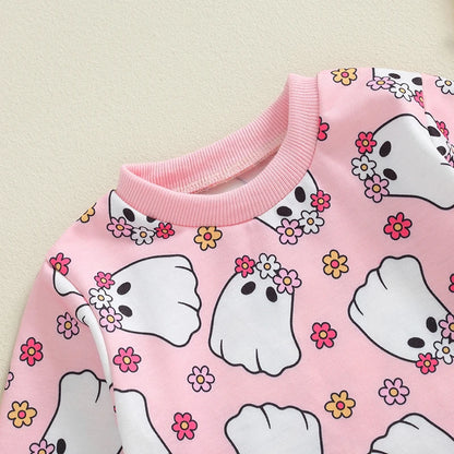 Adorable Baby Girls Halloween Long Sleeve Romper with Witch, Pumpkin, and Skull Floral Print