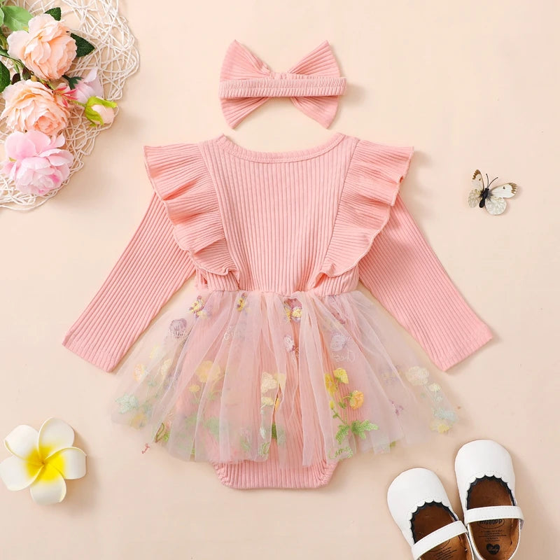 Adorable Baby Girls Floral Ruffled Long Sleeve Romper Dress with Headband Set for Newborns