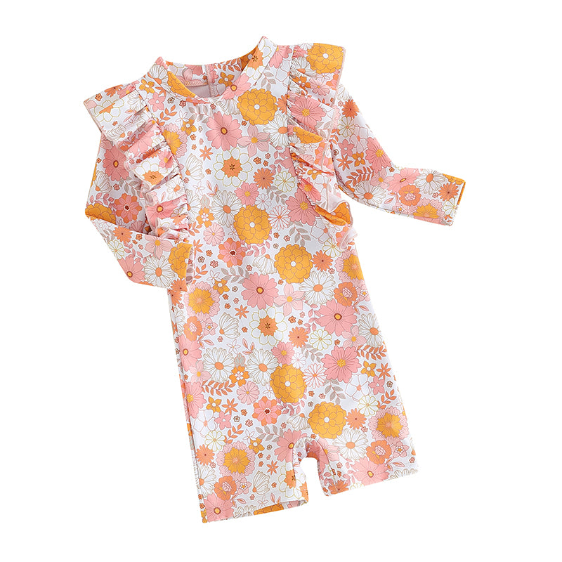 Toddler Girls' Summer Floral Ruffle One-Piece Swimsuit with Long Sleeves and Jumpsuit Style