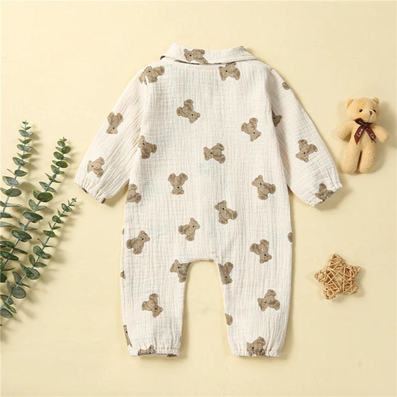 Adorable Bear Print Long Sleeve Romper for Newborns - Casual Turn-Down Collar Jumpsuit for Baby Boys and Girls