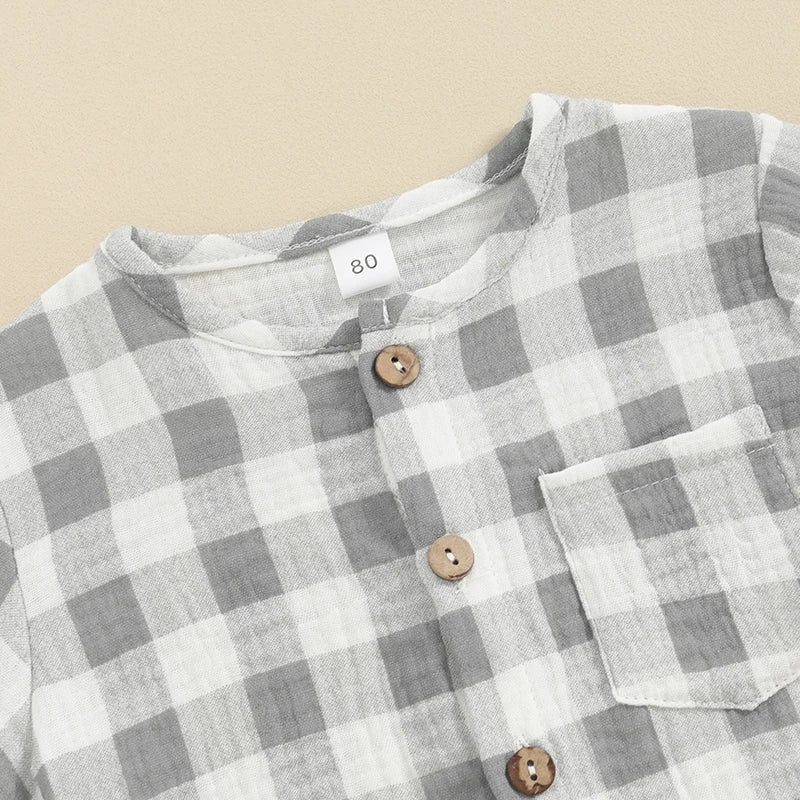 Summer Plaid Short Sleeve Top & Elastic Waist Shorts Set for Toddler Boys