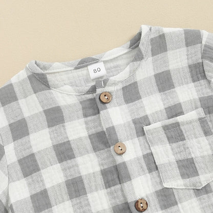 Summer Plaid Short Sleeve Top & Elastic Waist Shorts Set for Toddler Boys