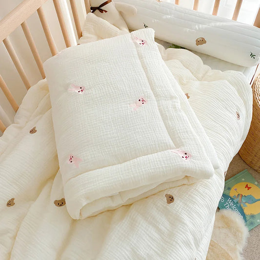 Cartoon Bear and Bunny Soft Cotton Baby Quilt - All-Season Infant Blanket for Newborns, 100*120CM