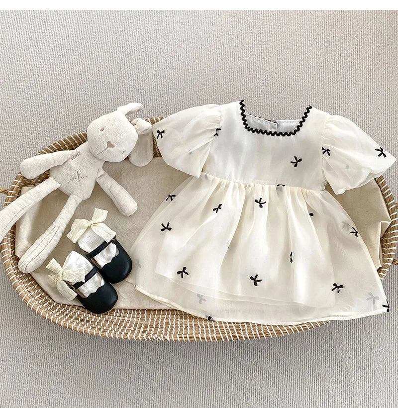 Summer Sisters Infant Bow Puff Sleeve Dress - Breathable Newborn Romper for Girls, Perfect for Summer Gifts