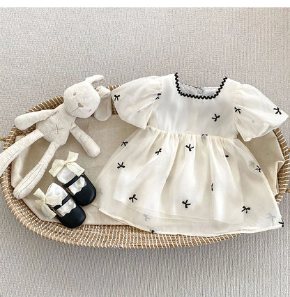 Summer Sisters Infant Bow Puff Sleeve Dress - Breathable Newborn Romper for Girls, Perfect for Summer Gifts
