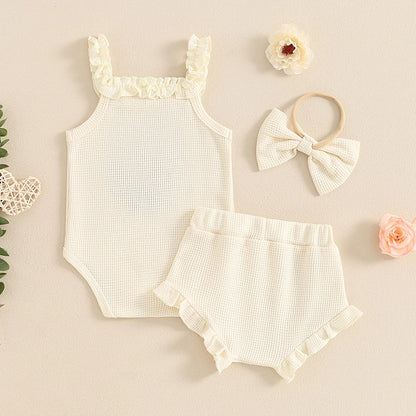 3-Piece Summer Outfit Set for Baby Girls - Waffle Flower Embroidered Sleeveless Romper, Ruffle Shorts, and Headband
