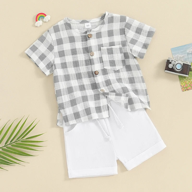 Summer Plaid Short Sleeve Top & Elastic Waist Shorts Set for Toddler Boys