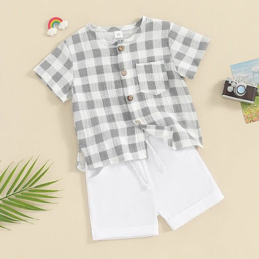 Summer Plaid Short Sleeve Top & Elastic Waist Shorts Set for Toddler Boys