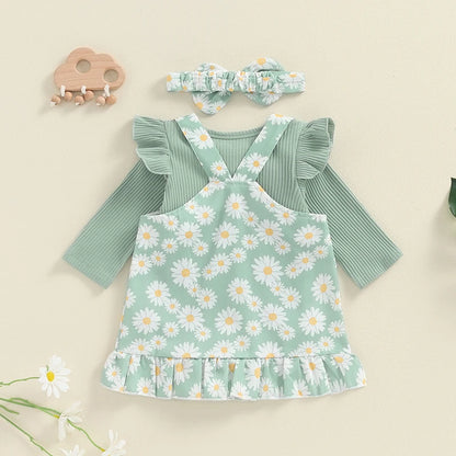 Adorable Newborn Girls' Ruffled Ribbed Bodysuit Set with Floral Suspender Skirt and Headband - Perfect for Spring and Autumn