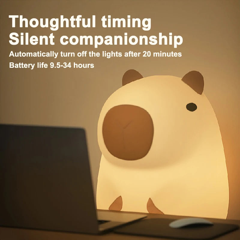 Adorable Capybara USB Rechargeable Night Light - Portable Touch Control Lamp with Timer Function for Fun Room Decor