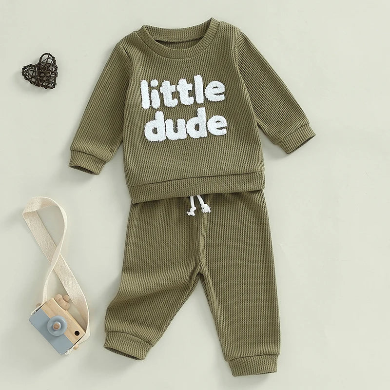 Unisex Baby Waffle Outfit Set with Letter Embroidery - Long Sleeve Sweatshirt and Elastic Waist Pants for Newborns