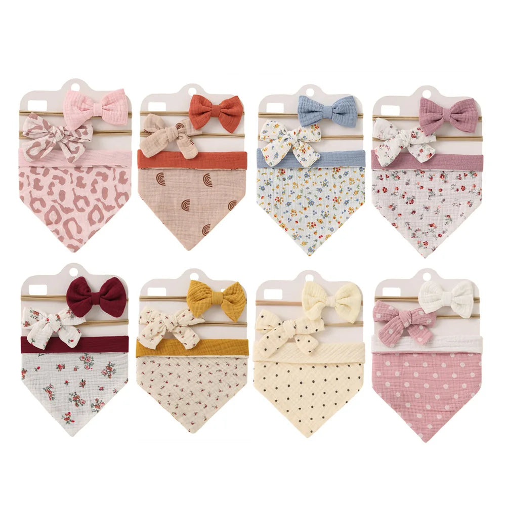 3-Piece Muslin Cotton Baby Bib and Bow Headband Set - Adjustable Triangle Saliva Towel for Infants and Toddlers