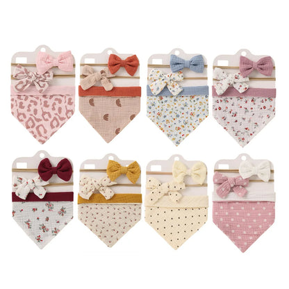 3-Piece Muslin Cotton Baby Bib and Bow Headband Set - Adjustable Triangle Saliva Towel for Infants and Toddlers