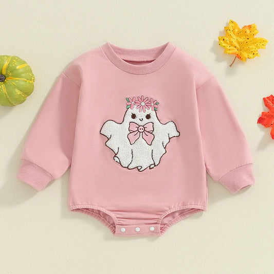 Adorable Baby Girl Halloween Rompers with Fuzzy Ghost Embroidery - Long Sleeve Jumpsuits for Newborns (0-18 Months)