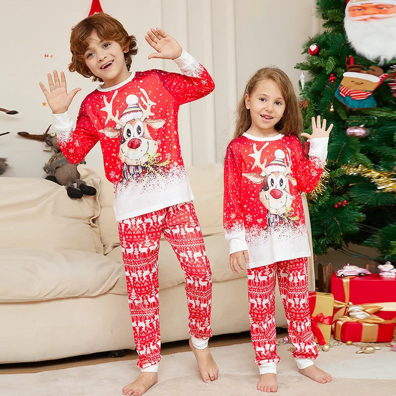 Festive Family Matching Christmas Pajama Set with Reindeer Print - Long Sleeved Nightwear for Parents and Kids