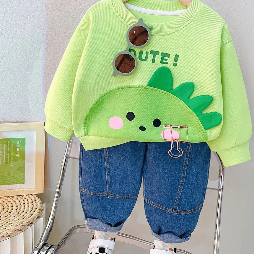 Adorable 2023 Kids Autumn Pullover Sweatshirt Set with Cartoon Animals and Denim Pants for Boys and Girls