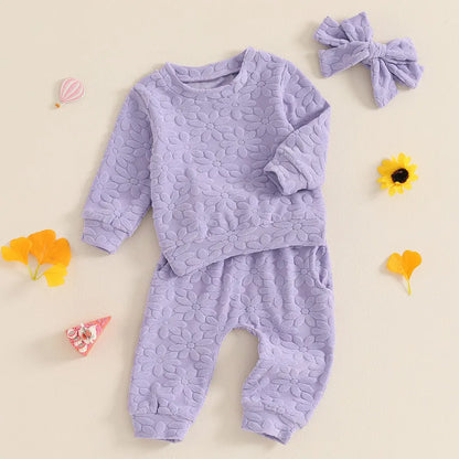 Toddler Girls' Fall Outfit Set - Daisy Embroidered Long Sleeve Sweatshirt with Elastic Waist Pants and Headband (3 Pieces)