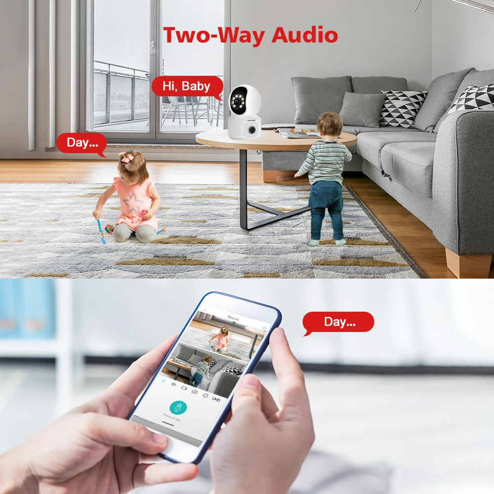 4MP HD WiFi PTZ Baby Monitor Camera with Dual-Lens, Dual-Screen, Auto Tracking, and Human Detection - ONVIF Security Surveillance System