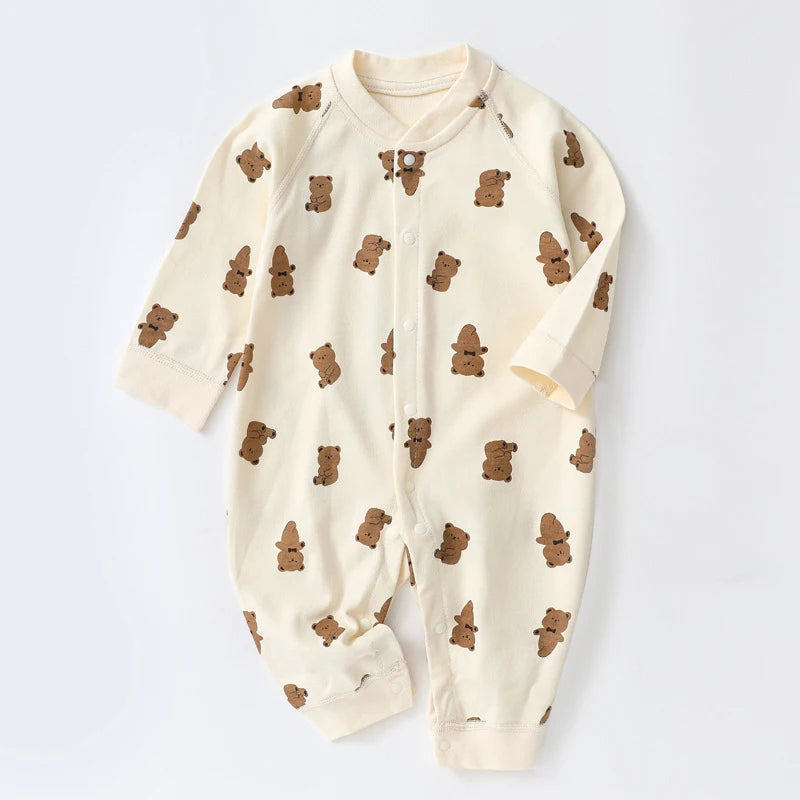 Autumn Cartoon Bear Print Cotton Romper for Newborn Boys and Girls - Toddler One-Piece Bodysuit
