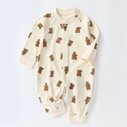 Autumn Cartoon Bear Print Cotton Romper for Newborn Boys and Girls - Toddler One-Piece Bodysuit