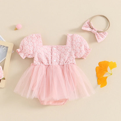 Adorable Baby Girls' Floral Summer Romper with Bow Headband and Puff Sleeves